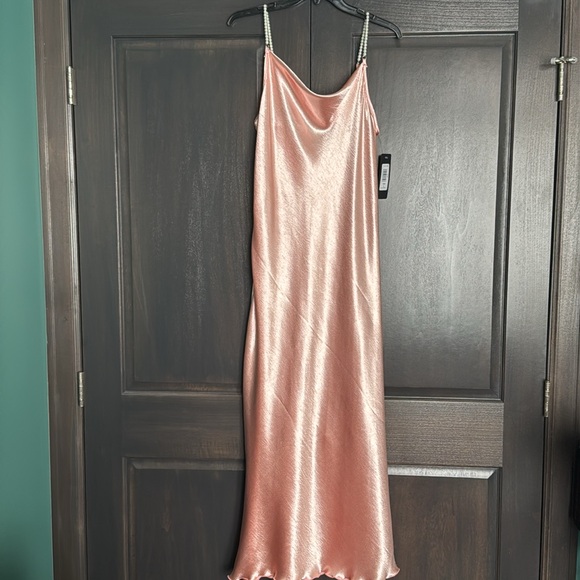 bebe Dresses & Skirts - BEBE NWT HAMMERED SATIN COWL NECK PEARL STRAP MAXI DRESS pearl straps Size Large
